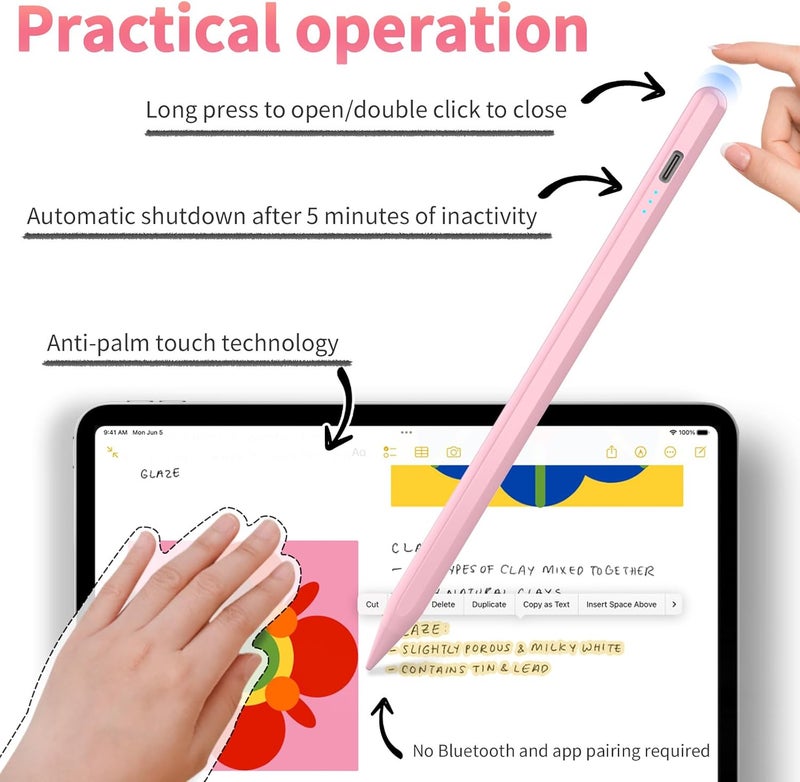 HZD Stylus Pen for iPad 2025-2018 Faster Charge Apple Pencil with Tilt Sensitivity & Palm Rejection & Magnetic Compatible iPad 11/10/9/8/7/6, Pad Air 3/4/5, Pro 12.9"/11", Mini 6/5, M2/M4 Pink - Image 4